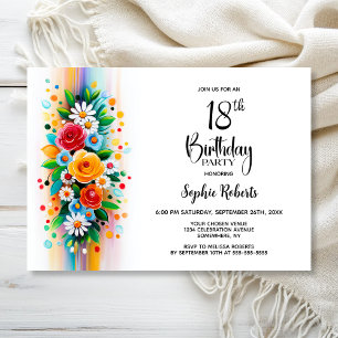 Invitation Fête d'anniversaire 18 ans florale colorée
