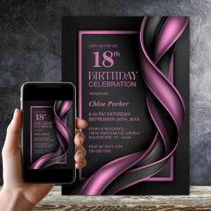 Invitation Fête d'anniversaire 18 ans moderne noir et rose