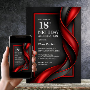 Invitation Fête d'anniversaire 18 ans moderne noir et rouge
