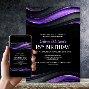 Invitation Fête d'anniversaire 18 ans moderne noire et violet