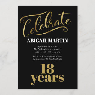 Invitation Fête d'anniversaire 18 ans Or Noir Blanc