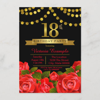 Invitation Fête d'anniversaire 18 ans Red Black Gold Red Rose
