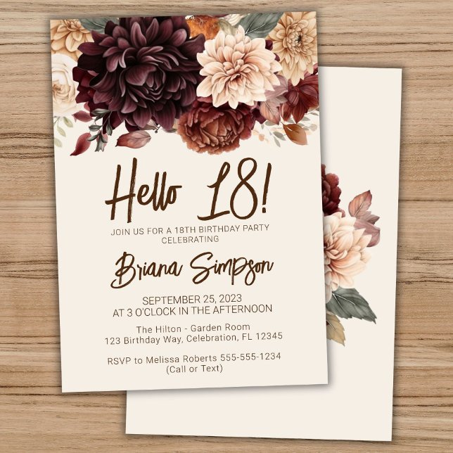 Invitation Fête d'anniversaire 18e Brown Beige Ivory Floral (Créateur téléchargé)