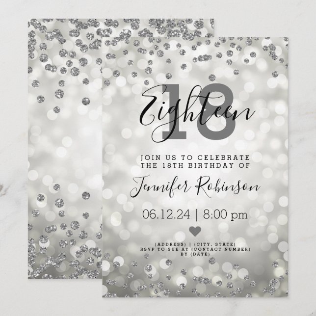 Invitation Fête d'anniversaire 18th Silver Glam Parties scint (Devant / Derrière)