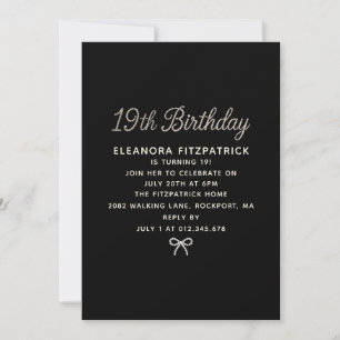 Invitation Fête d'anniversaire 19 ans Noir Blanc Perle Script