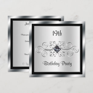 Invitation Fête d'anniversaire 19 ans Silver Swirls & Diamond
