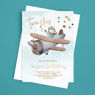 Invitation Fête d'anniversaire 1 an avion Bleu Temps qui pass