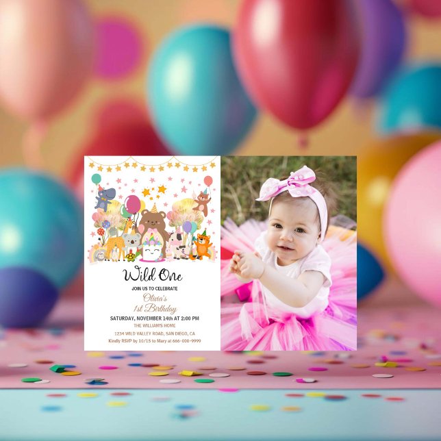 Invitation Fête d'anniversaire 1 an fille Thème Forêt Sauvage (woodland forest wild one birthday party horizontal photo invitation)