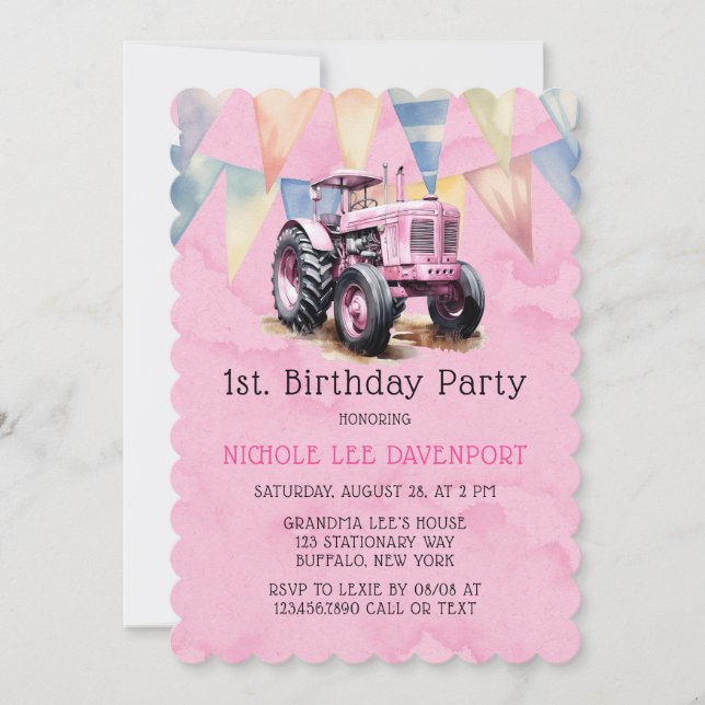 Invitation Fête d'anniversaire 1 an Fille Tracteur Rose (Devant)