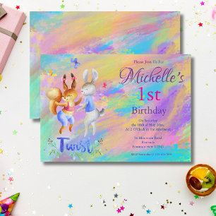 Invitation Fête d'anniversaire 1 an Lapins Rose Danseurs Fill