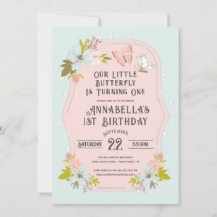 Invitation Fête d'anniversaire 1 an Papillon Boho Rose