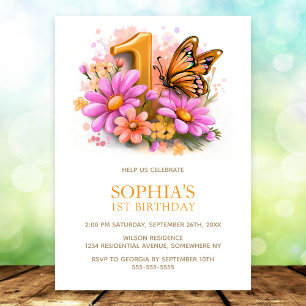 Invitation Fête d'anniversaire 1 an Papillon Floral Or Rose