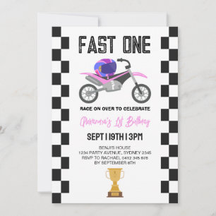 Invitation Fête d'anniversaire 1 an pour filles rose moto cro