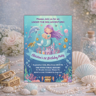 Invitation Fête d'anniversaire 1 an sous la mer Sirène Violet