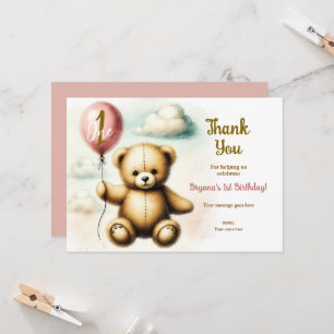 Invitation Fête d'anniversaire 1 an Teddy Bear Ballon Rose