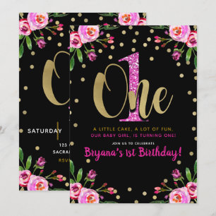 Invitation Fête d'anniversaire 1ère année floral noir paillet