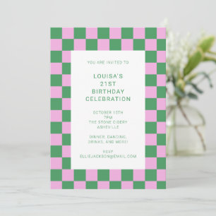 Invitation Fête d'anniversaire 21 ans à carreaux rétro rose e