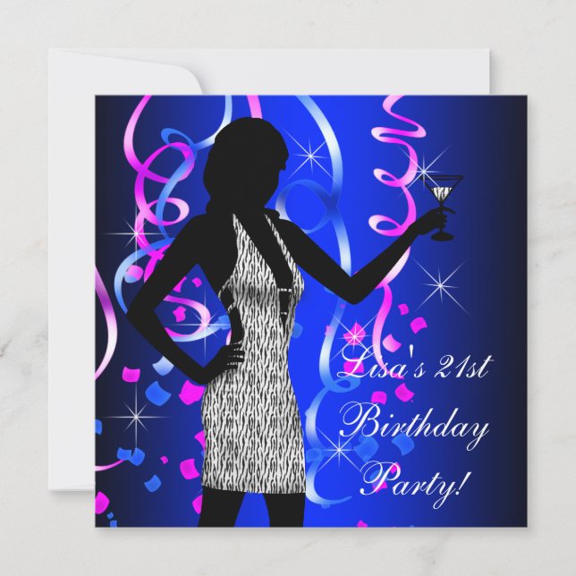 Invitation Fête d'anniversaire 21 ans Bleu royal Rose vif (Devant)