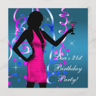 Invitation Fête d'anniversaire 21 ans Bleu sarcelle Rose chau