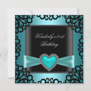 Invitation Fête d'anniversaire 21 ans Cœur Noir Argent Bleu S