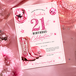 Invitation Fête d'anniversaire 21 ans Cowgirl Disco Rose