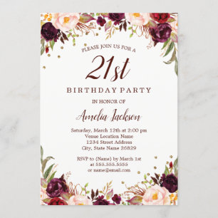 Invitation Fête d'anniversaire 21 ans élégante or bordeaux fl