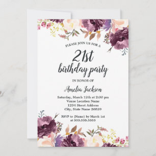 Invitation Fête d'anniversaire 21 ans Fleur violette aquarell