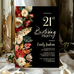 Invitation Fête d'anniversaire 21 ans Floral Noir Vibrant et