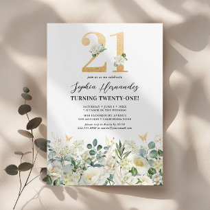 Invitation Fête d'anniversaire 21 ans Florale Verte & Blanche