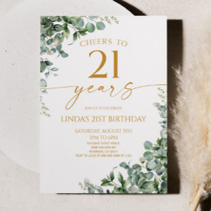 Invitation Fête d'anniversaire 21 ans Green Eucalyptus Gold