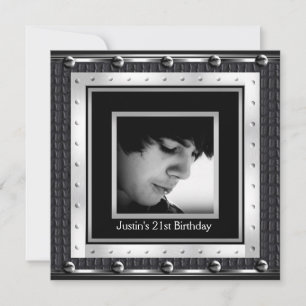Invitation Fête d'anniversaire 21 ans homme cuir métal noir