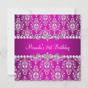 Invitation Fête d'anniversaire 21 ans Hot Pink White Perle De