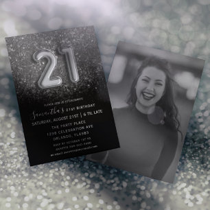 Invitation Fête d'anniversaire 21 ans noir paillettes argenté