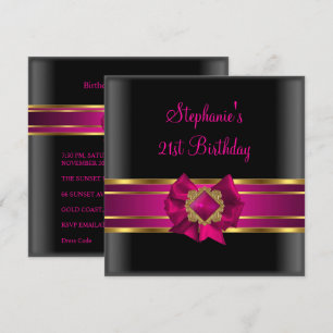Invitation Fête d'anniversaire 21 ans Noir Rose Soie Or Bijou