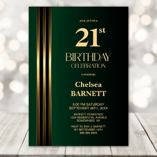Invitation Fête d'anniversaire 21 ans noir vert rayé or