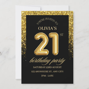Invitation Fête d'anniversaire 21 ans paillettes noir et or 