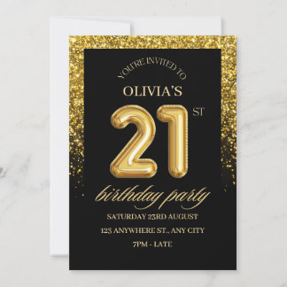 Invitation Fête d'anniversaire 21 ans paillettes noir et or