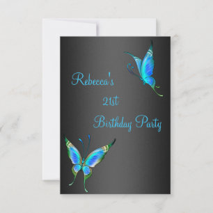 Invitation Fête d'anniversaire 21 ans Papillons Bleu Noir