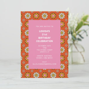 Invitation Fête d'anniversaire 21 ans rétro floral orange ros