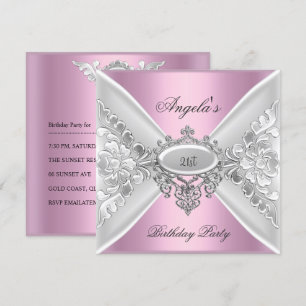 Invitation Fête d'anniversaire 21 ans Rose Élégant Argent Bla
