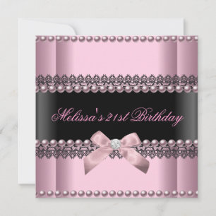Invitation Fête d'anniversaire 21 ans Ruban noir perle rose