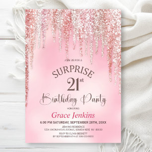 Invitation Fête d'anniversaire 21 ans surprise paillettes ros