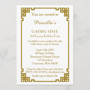 Invitation Fête d'anniversaire 21, style Gatsby, blanc & or