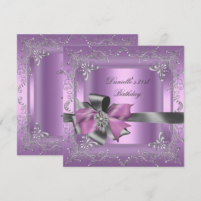 Invitation Fête d'anniversaire 21e Lilac rose Silver Grey (Devant / Derrière)