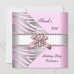 Invitation Fête d'anniversaire 21e rose Zebra blanc rose Pear