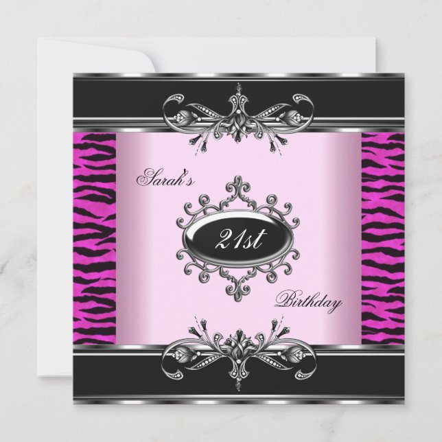 Invitation Fête d'anniversaire 21e Zebra noir blanc rose arge (Devant)
