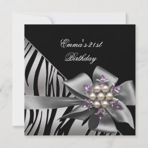 Invitation Fête d'anniversaire 21ème Zèbre Noir Argent Arc