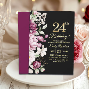 Invitation Fête d'anniversaire 24 Élégante Florale Or