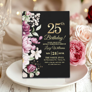 Invitation Fête d'anniversaire 25 Élégante Florale Or