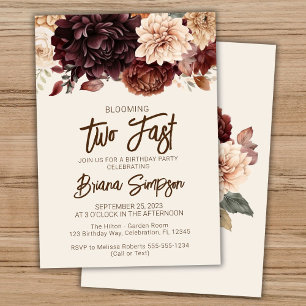 Invitation Fête d'anniversaire 2 ans Brun Beige Floral Ivoire